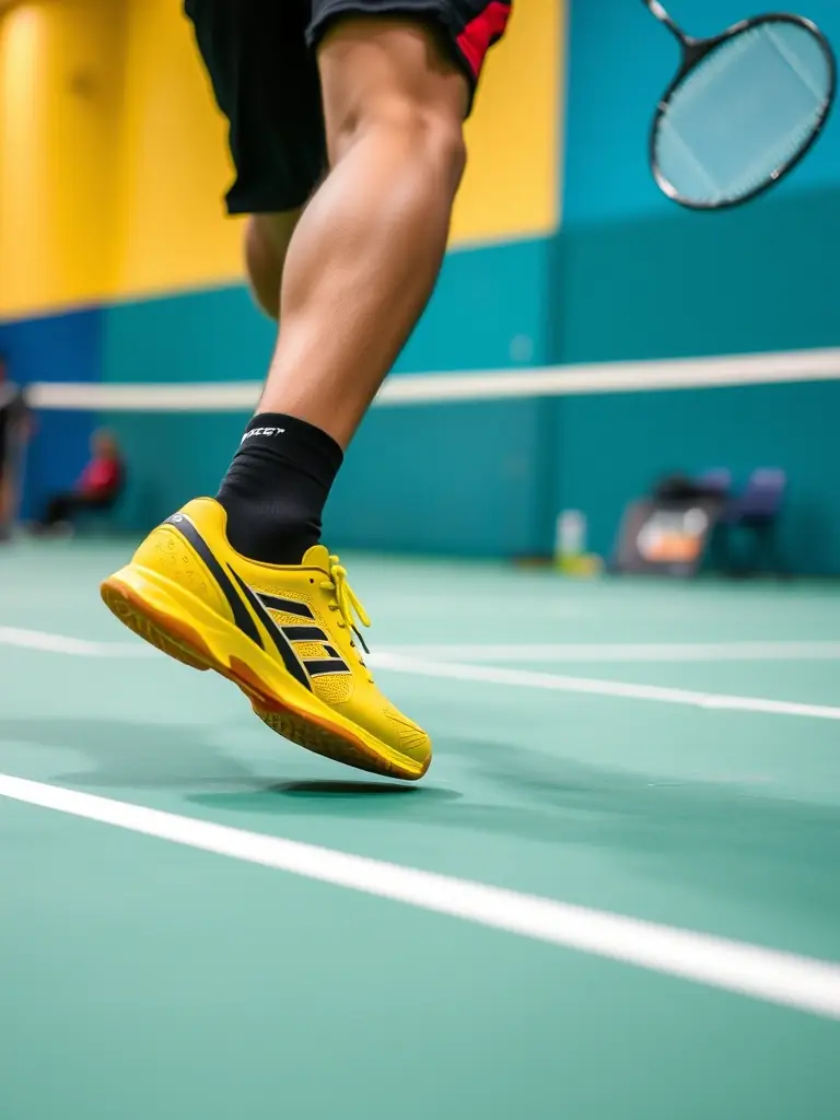 A pair of VS Pro Series Speed Shoes on a badminton court, showcasing their lightweight design and superior grip, with a player in motion in the background.