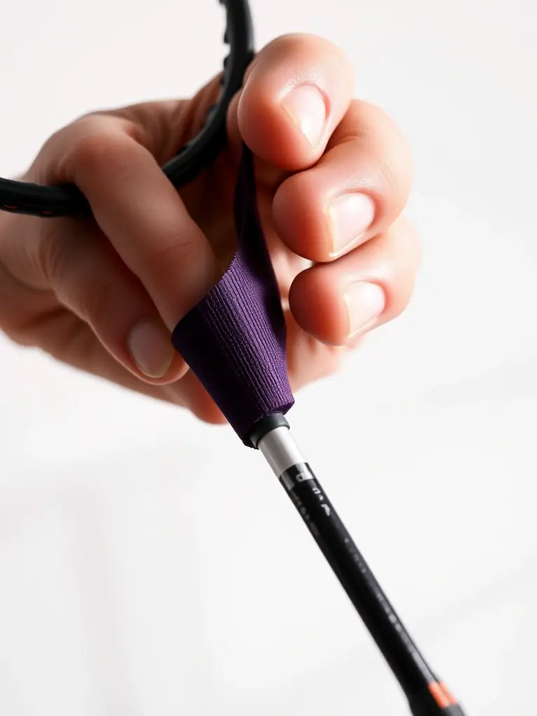 A badminton racket handle wrapped with premium VS grip tape, showcasing its textured surface and secure hold, with a player's hand gripping the racket.
