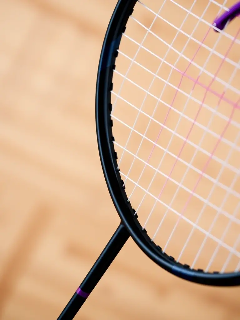 A close-up shot of the VS Pro Series 9900 Badminton Racket, highlighting its sleek design and advanced features, set against a blurred background of a badminton court.